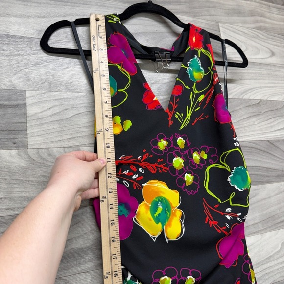 David Meister Halter Asymmetrical Dress Women's 10 Black Pink Floral Sleeveless - Picture 13 of 15